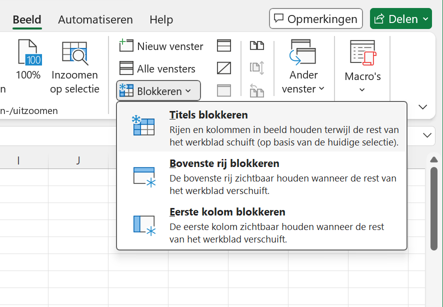 Titels blokkeren Excel