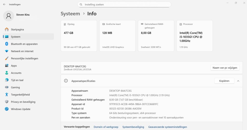Instellingen Systeem Info